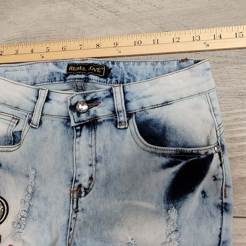 🔥Rebel Love Womens Skinny‎ Jeans 5/6 Distressed Blue Denim Y2K Retro Patches